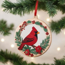 A beautifully crafted wooden Christmas ornament featuring a red cardinal