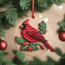 A beautifully crafted wooden Christmas ornament featuring a red cardinal