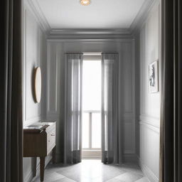 A hallway featuring grey marble tiles, walls painted in fuscous grey, a TV unit with a wooden door on the same wall, elegant curtains adorning a wooden window, two ceiling fans with lights, a solitary wall frame and clock, and a corner lamp.