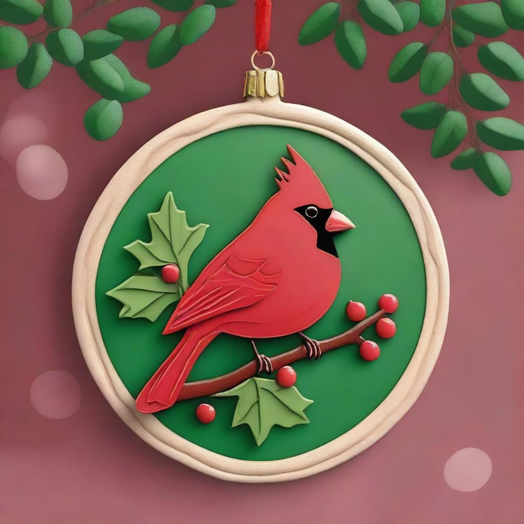 Create a detailed image of a red cardinal bird designed as a wooden ornament for Christmas