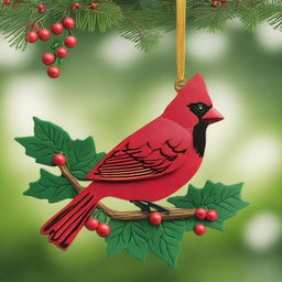 Create a detailed image of a red cardinal bird designed as a wooden ornament for Christmas