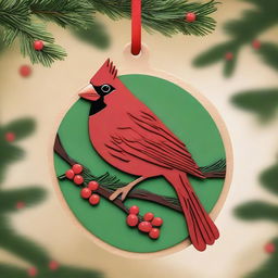 Create a detailed image of a red cardinal bird designed as a wooden ornament for Christmas