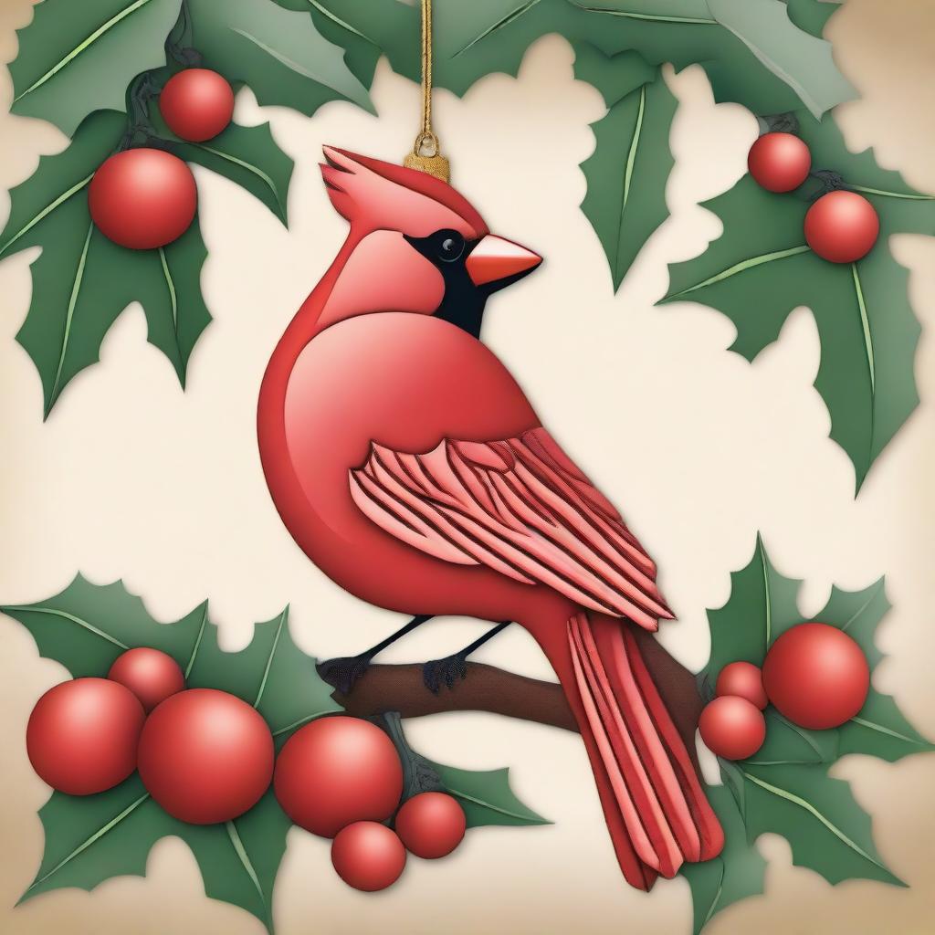 Create a detailed image of a red cardinal bird designed as a wooden ornament for Christmas