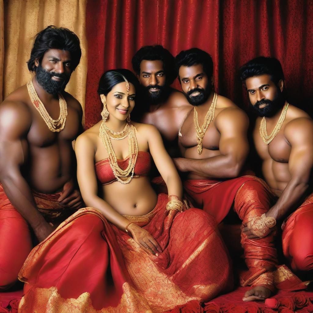 Four muscular and very hairy, handsome and attractive African men not wearing any shirts, posing with a slightly chubby, sexy Indian married woman