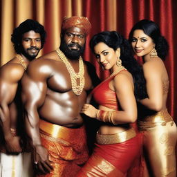 Four muscular and very hairy, handsome and attractive African men not wearing any shirts, posing with a slightly chubby, sexy Indian married woman