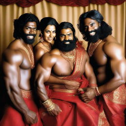 Four muscular and very hairy, handsome and attractive African men not wearing any shirts, posing with a slightly chubby, sexy Indian married woman