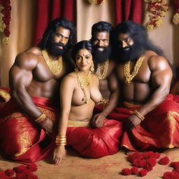 Four muscular and very hairy, handsome and attractive African men not wearing any shirts, posing with a slightly chubby, sexy Indian married woman