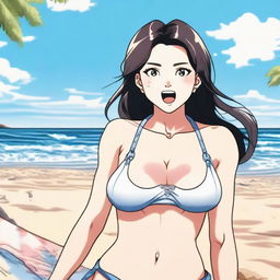 A woman standing on the beach, wearing a bra and making an exaggerated facial expression typical of the 'ahegao' style