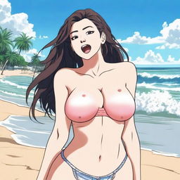 A woman standing on the beach, wearing a bra and making an exaggerated facial expression typical of the 'ahegao' style