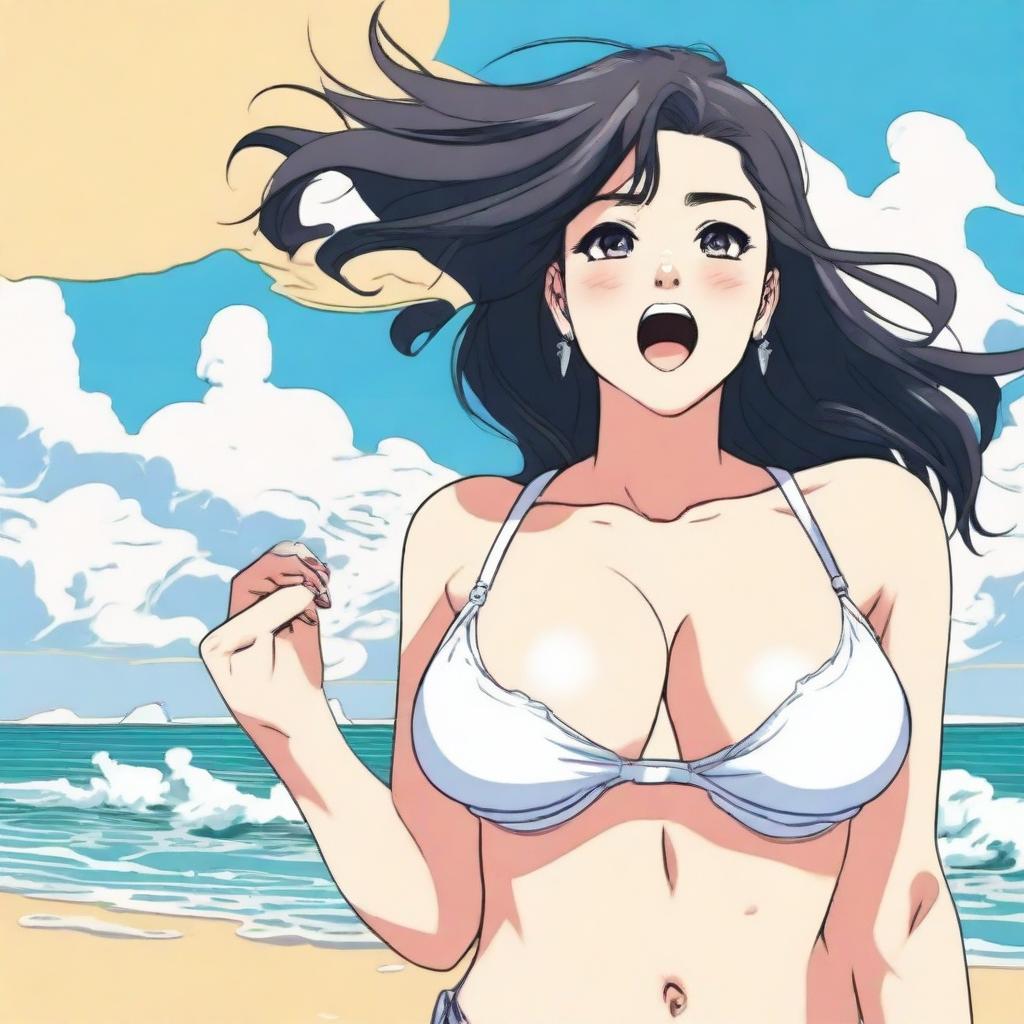 A woman standing on the beach, wearing a bra and making an exaggerated facial expression typical of the 'ahegao' style