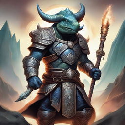 A detailed fantasy illustration of an arcane warrior who is also a triceratops man