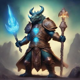 A detailed fantasy illustration of an arcane warrior who is also a triceratops man