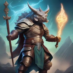 A detailed fantasy illustration of an arcane warrior who is also a triceratops man