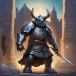 A detailed fantasy illustration of an arcane knight who is also a triceratops