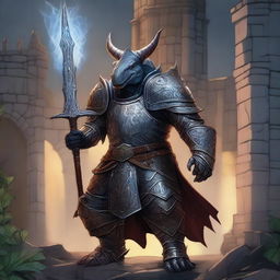 A detailed fantasy illustration of an arcane knight who is also a triceratops