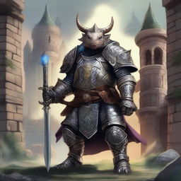 A detailed fantasy illustration of an arcane knight who is also a triceratops