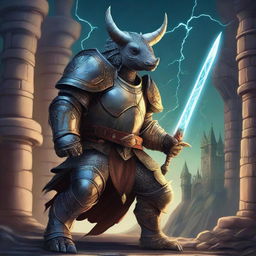 A detailed fantasy illustration of an arcane knight who is also a triceratops