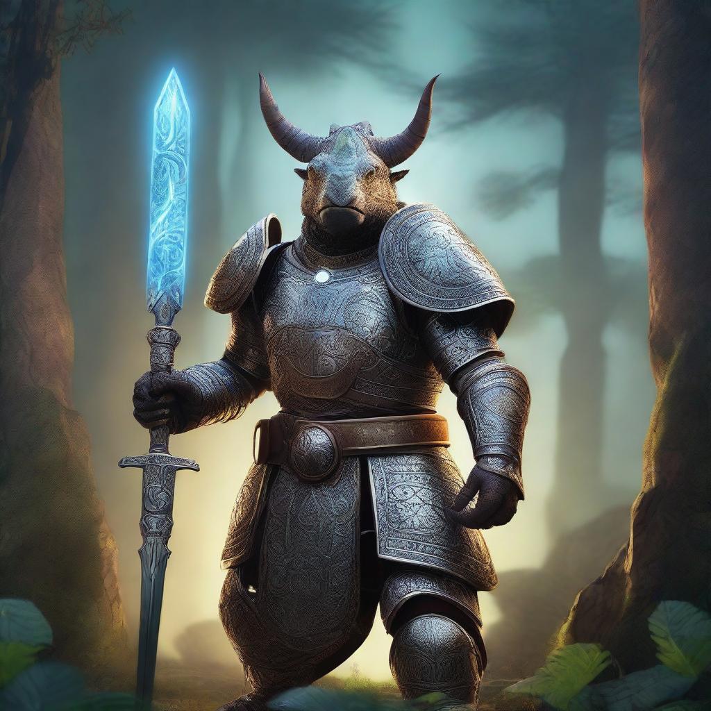 A majestic triceratops knight adorned in runic armor, standing proudly in a fantasy landscape