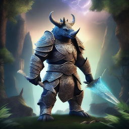 A majestic triceratops knight adorned in runic armor, standing proudly in a fantasy landscape