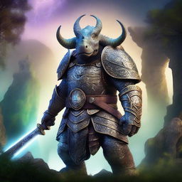 A majestic triceratops knight adorned in runic armor, standing proudly in a fantasy landscape