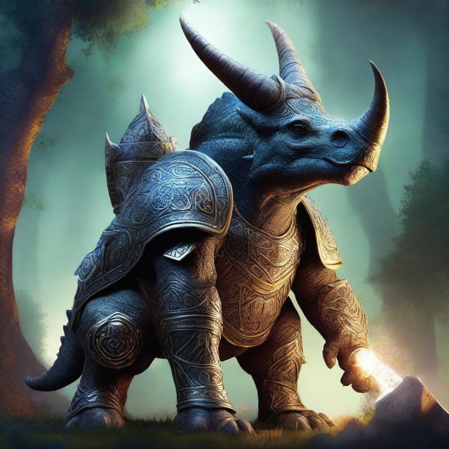 A majestic triceratops knight adorned in runic armor, standing proudly in a fantasy landscape