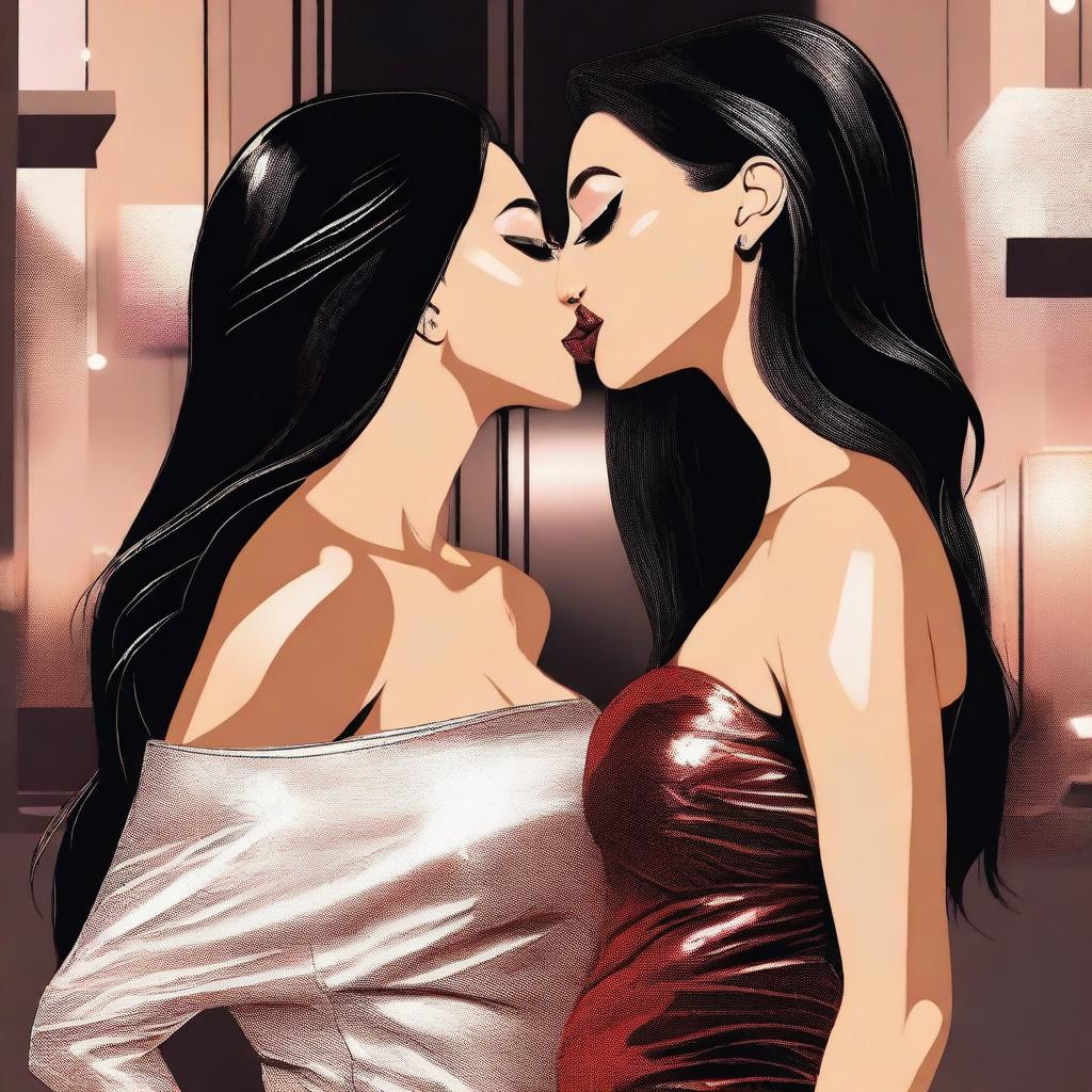 A detailed illustration of Kim Kardashian and Megan Fox sharing a kiss