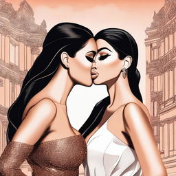 A detailed illustration of Kim Kardashian and Megan Fox sharing a kiss