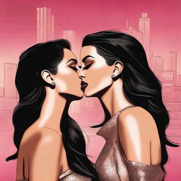 A detailed illustration of Kim Kardashian and Megan Fox sharing a kiss