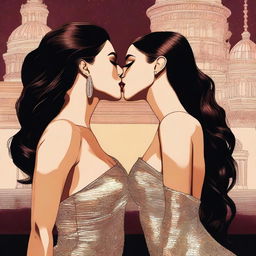 A detailed illustration of Kim Kardashian and Megan Fox sharing a kiss