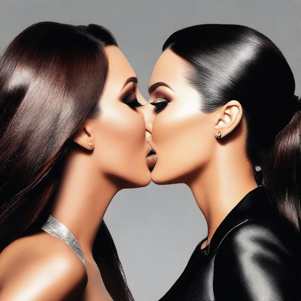 A realistic depiction of Kim Kardashian and Megan Fox sharing a kiss