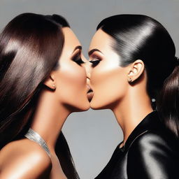 A realistic depiction of Kim Kardashian and Megan Fox sharing a kiss