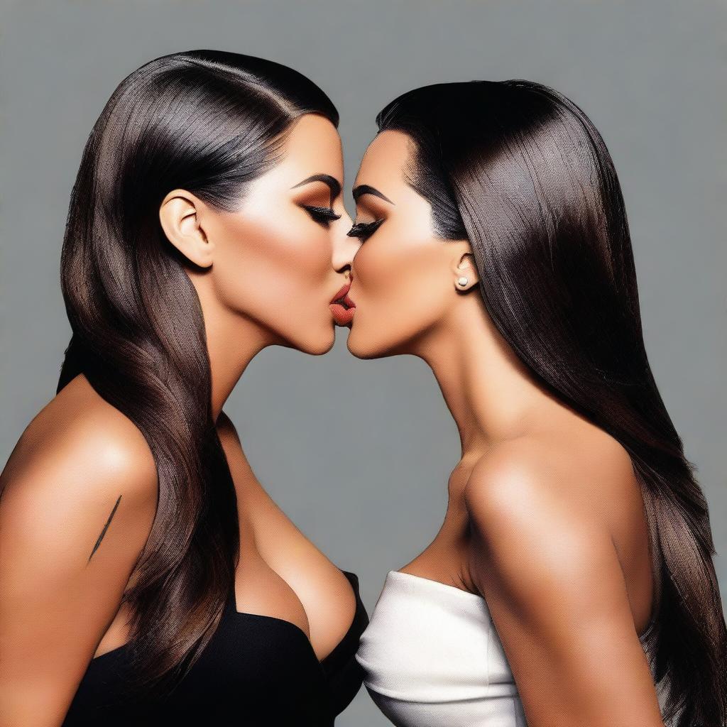 A realistic depiction of Kim Kardashian and Megan Fox sharing a kiss