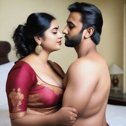 A beautiful, gorgeous, plump 40-year-old Indian woman with a hot body, wearing a saree, showing cleavage, and big curves