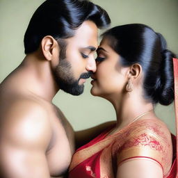 A beautiful, gorgeous, plump 40-year-old Indian woman with a hot body, wearing a saree, showing cleavage, and big curves