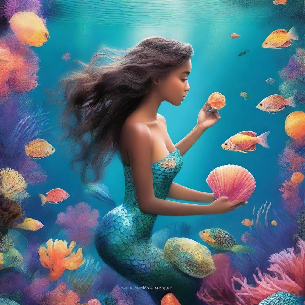 A captivating book cover featuring a mermaid holding a glowing magic shell underwater