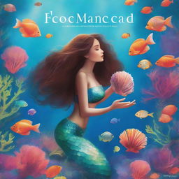 A captivating book cover featuring a mermaid holding a glowing magic shell underwater