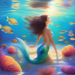 An enchanting scene of a mermaid swimming gracefully through crystal-clear water, with sunlight filtering down from above