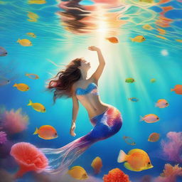 An enchanting scene of a mermaid swimming gracefully through crystal-clear water, with sunlight filtering down from above