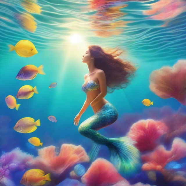 An enchanting scene of a mermaid swimming gracefully through crystal-clear water, with sunlight filtering down from above