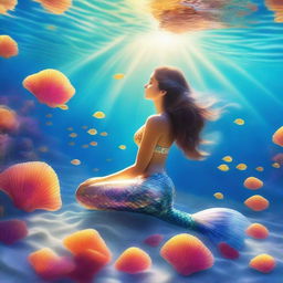 An enchanting scene of a mermaid swimming gracefully through crystal-clear water, with sunlight filtering down from above