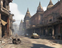 Create a detailed image of Myanmar as if it were part of the Fallout game universe