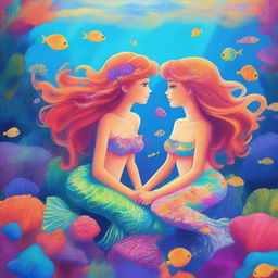 Marina and Coral, two mermaids, are sitting on a vibrant coral reef