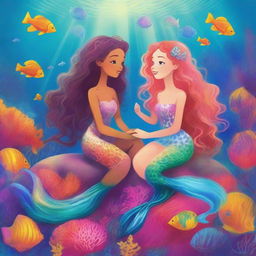 Marina and Coral, two mermaids, are sitting on a vibrant coral reef