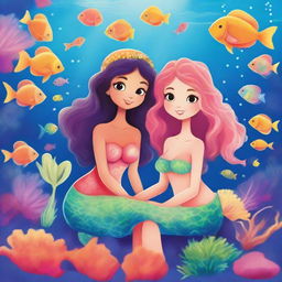 Marina and Coral, two mermaids, are sitting on a vibrant coral reef