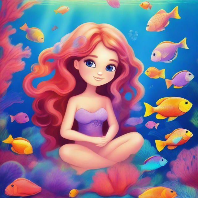 Marina and Coral, two mermaids, are sitting on a vibrant coral reef