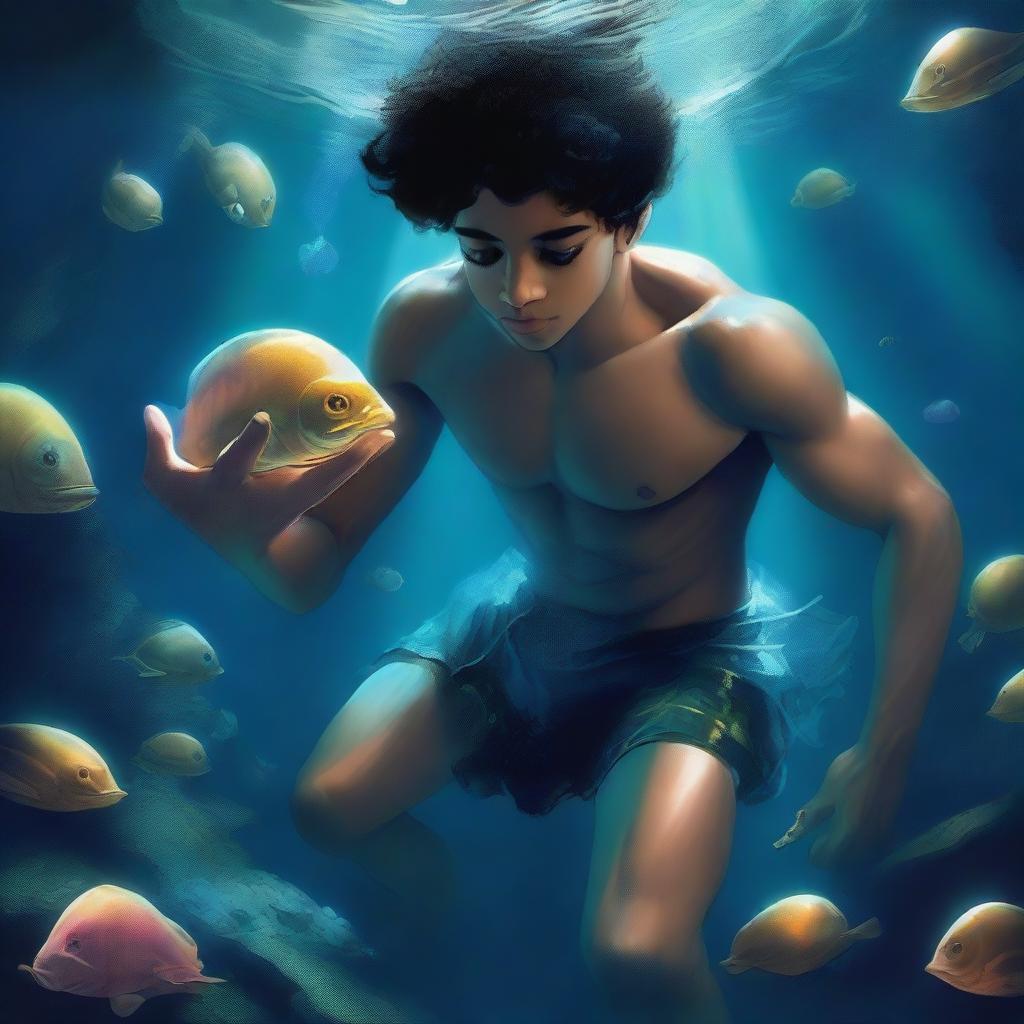 Prince Leo is swimming stealthily through dark waters, clutching the glowing shell in his hands