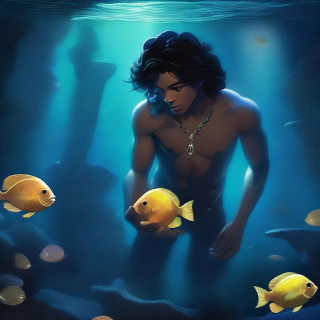 Prince Leo is swimming stealthily through dark waters, clutching the glowing shell in his hands