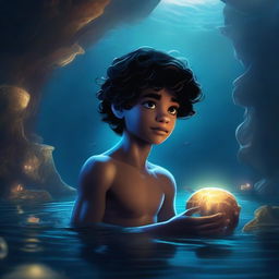 Prince Leo is swimming stealthily through dark waters, clutching the glowing shell in his hands