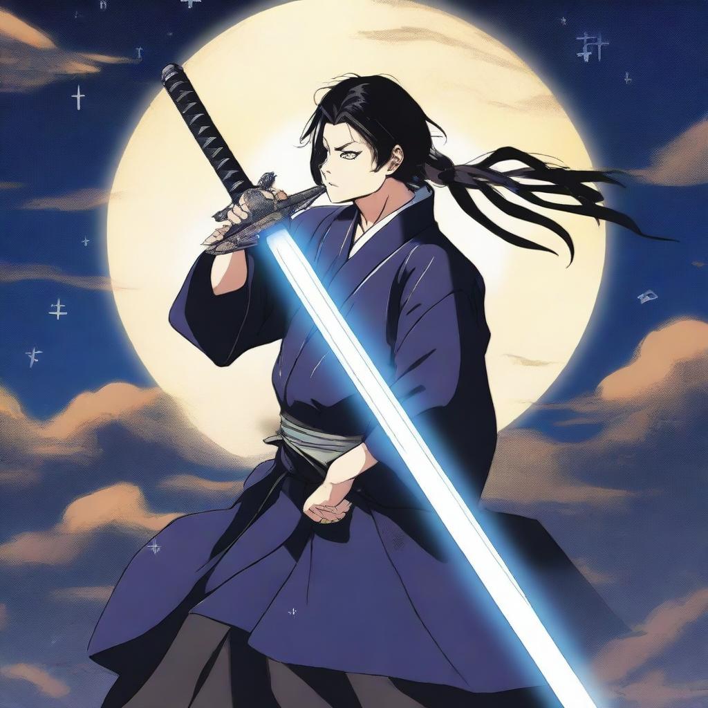 Yoriichi Tsugikuni holding a sword, using Sun Breathing technique, late at night under a starry sky