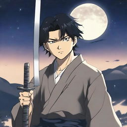 Yoriichi Tsugikuni holding a sword, using Sun Breathing technique, late at night under a starry sky